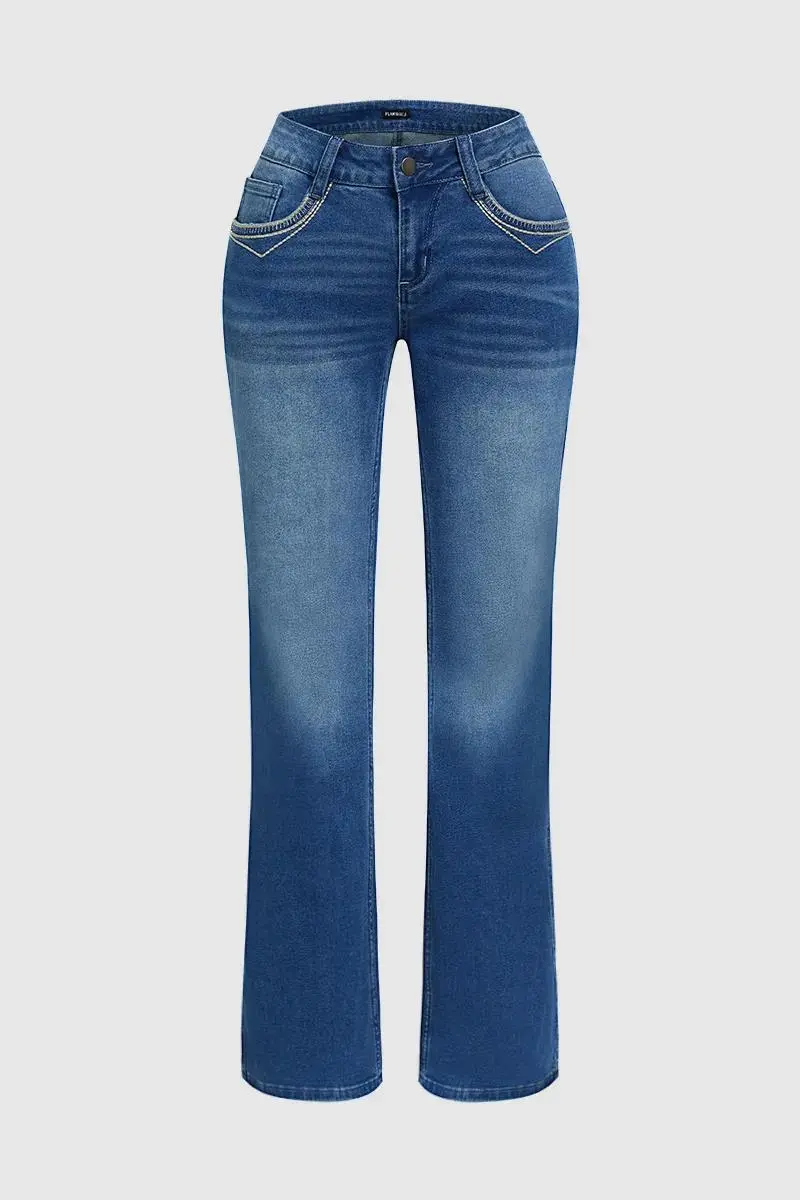 Wash Metal Decor Stitch Detail Mid Rise Bootcut Jeans Without Belt