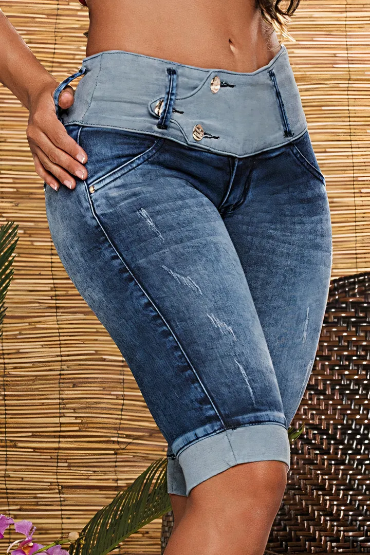 Two Tone Button Detail Ripped Roll Hem Mid Rise Denim Bermuda Shorts