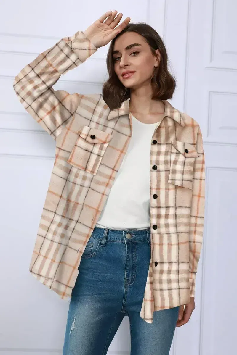 Womens Casual Plaid Shacket Button Down Long Sleeve Shirt