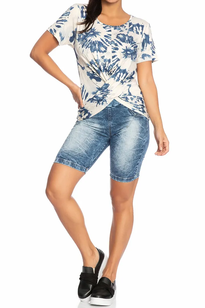 Wash Wide Waistband High Waist Denim Bermuda Shorts