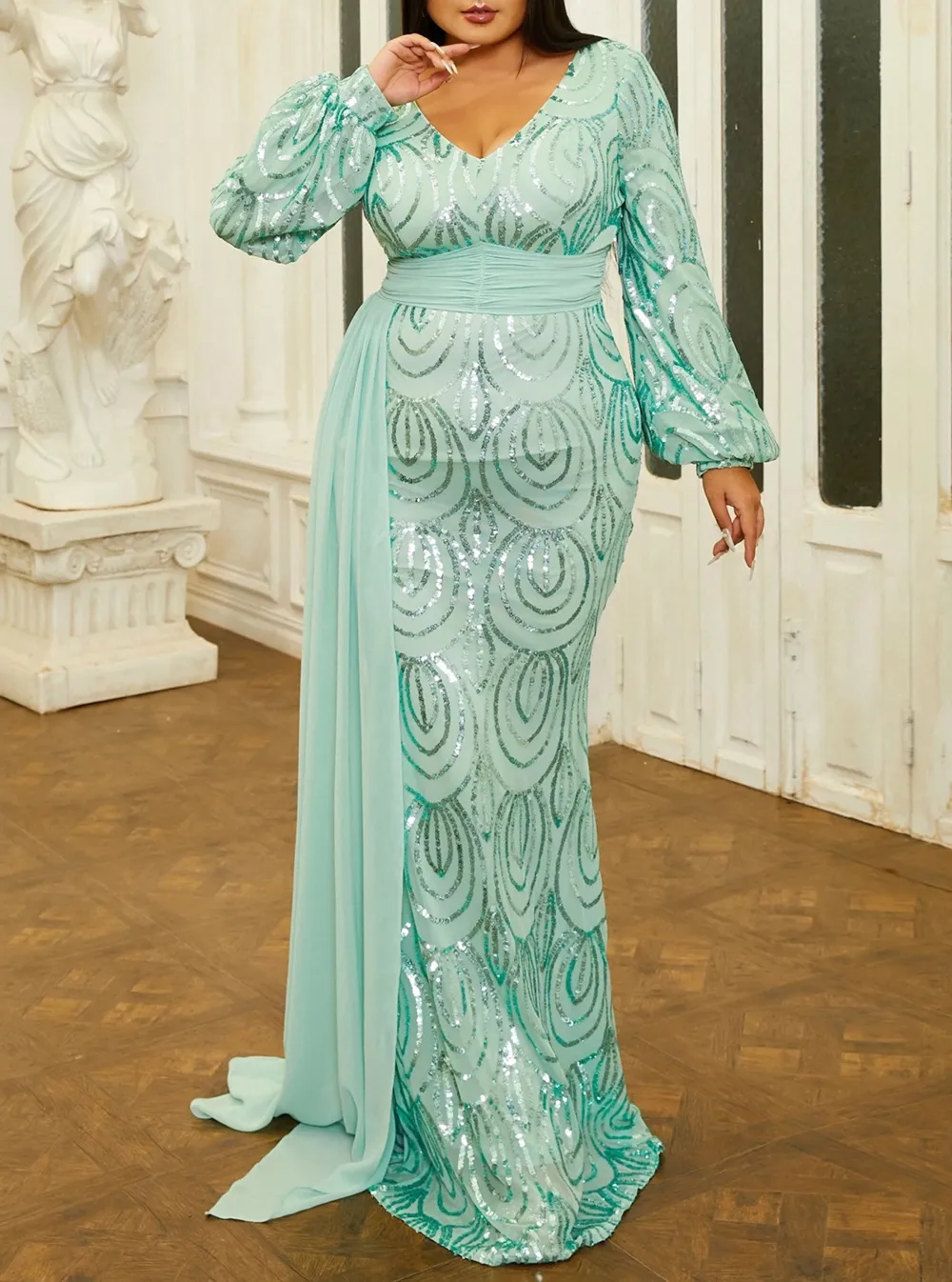 Formal Draping Sequin Long Sleeve Dress