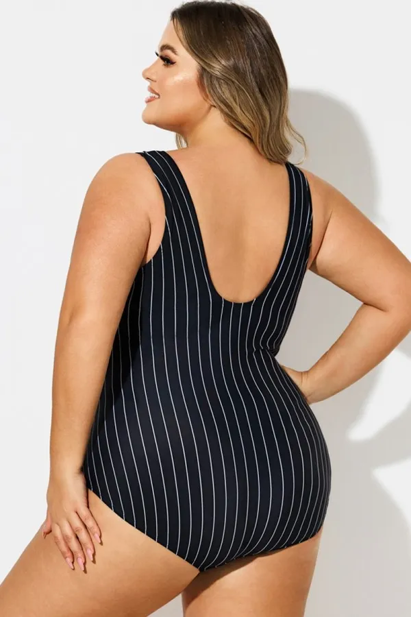 V-Neck Striped Sarong Front One Piece Swimsuit