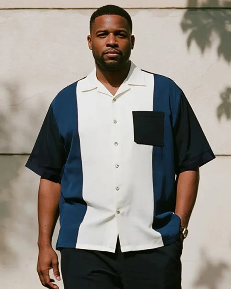 Big & Tall Men's Business Colorblock Print Short Sleeve Shirt and Pants Suit