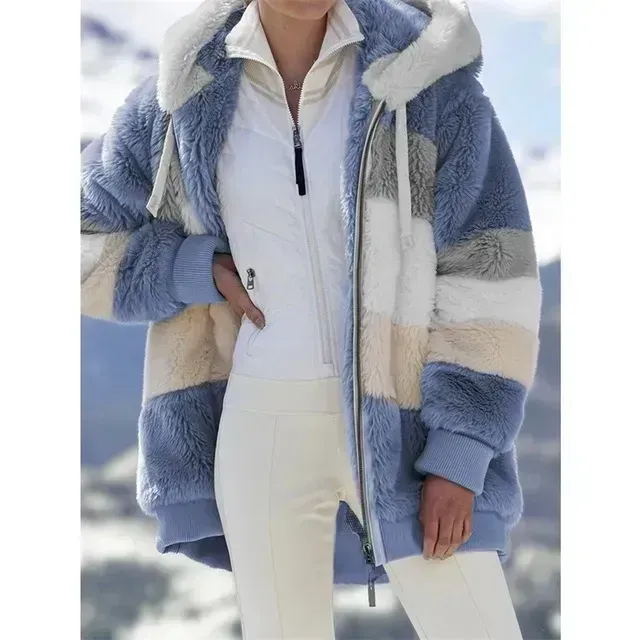 Women's Fashion Patchwork Hooded Zipper Plush Jacket