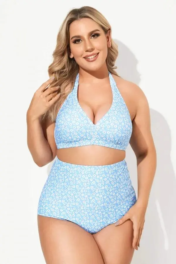 Blue Floral High Waist Bikini Set for Lady