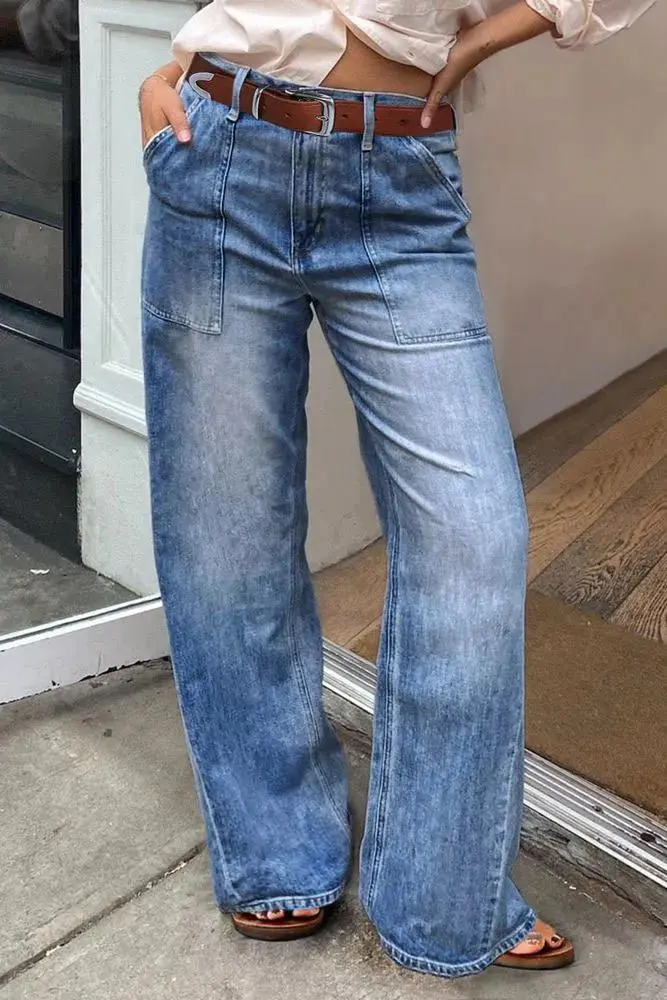 Wash Mid Rise Straight Leg Jeans Without Belt