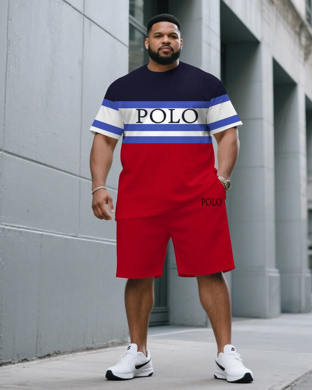 Men'S Plus Size Fashion Contrast Blue & Red Large Polo Print Round Neck Short Sleeve T-Shirt Shorts Suit