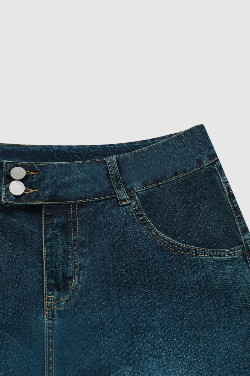 Vintage Oblique Button Mid Waist Straight Leg Jeans