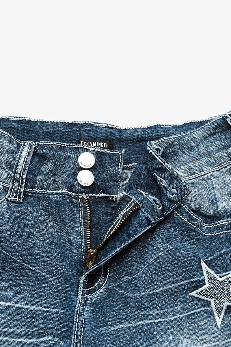 Star & Moon Pattern Double Button Mid Rise Flare Jeans