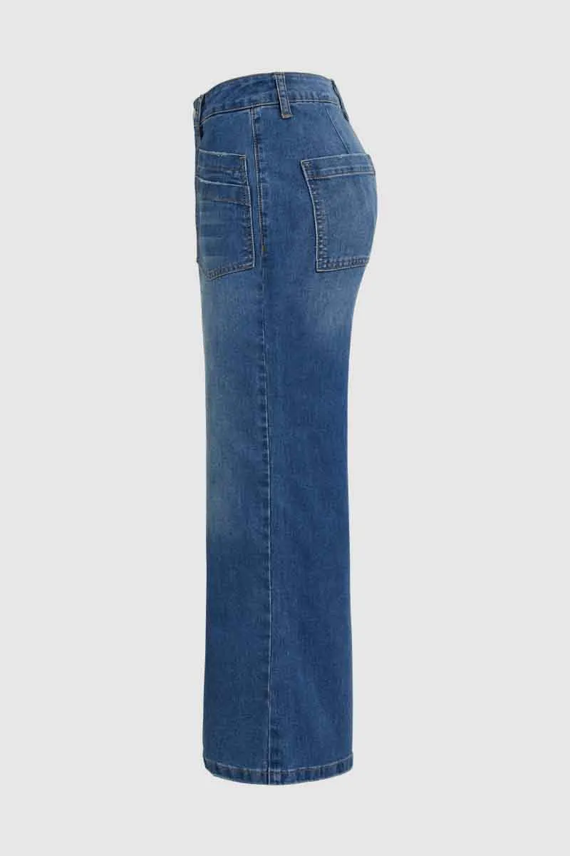 Wash Stitch Detail Raw Hem Wide Leg Mid Rise Jeans