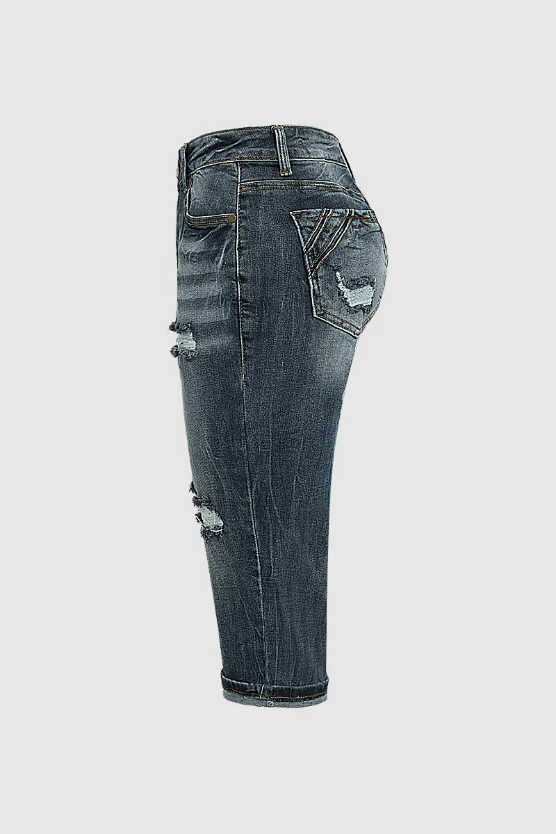 Ripped Wash Roll Hem High Waist Capri Jeans