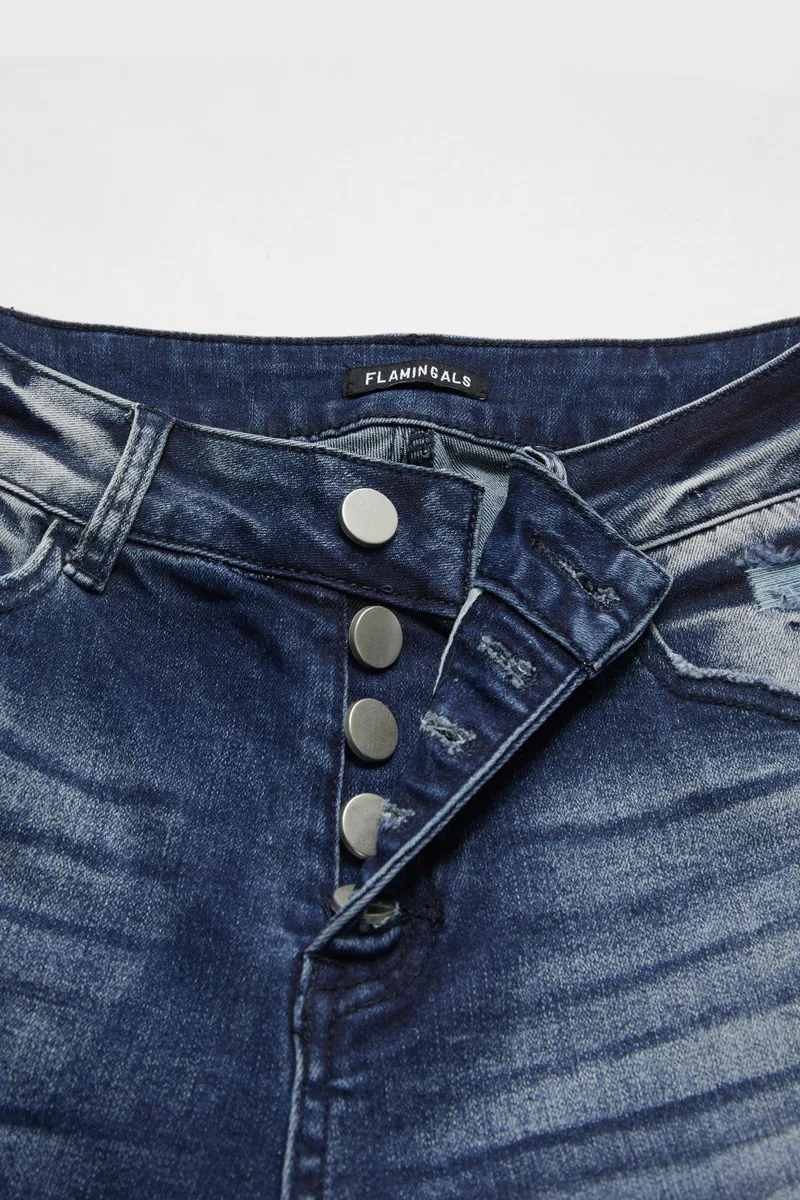 Cut Out Button Fly Roll Hem High Waist Capri Jeans