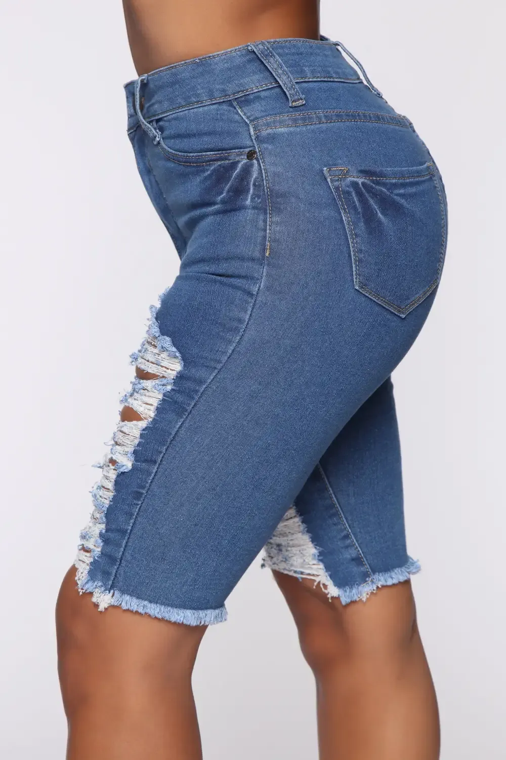 Mellow Out Distressed Bermuda Shorts - Medium Blue Wash