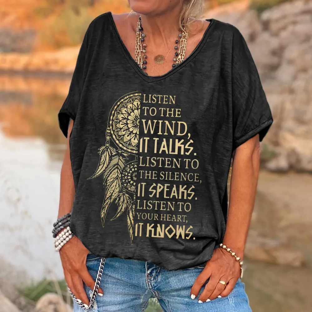 Listen To The Wind, It Talks Print Women's V-neck T-shirt