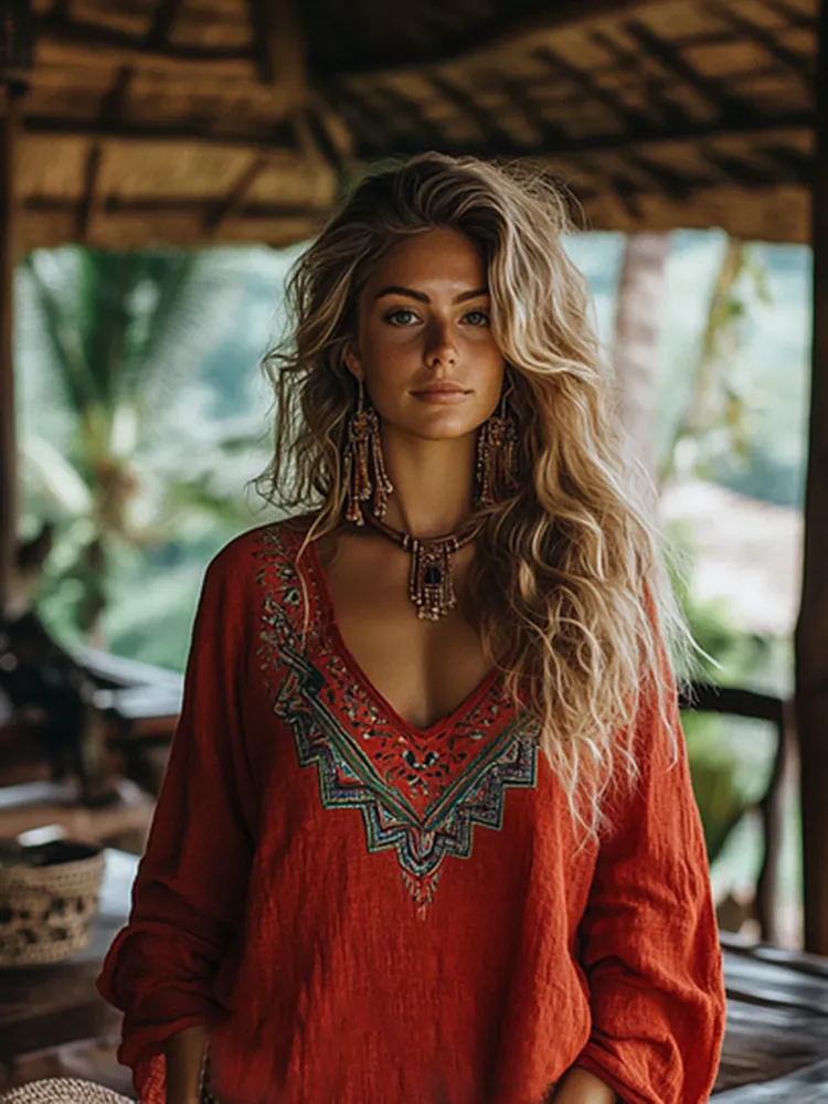 Retro Boho Tribal Art Embroidery Print Cotton And Linen V-neck Loose Shirt