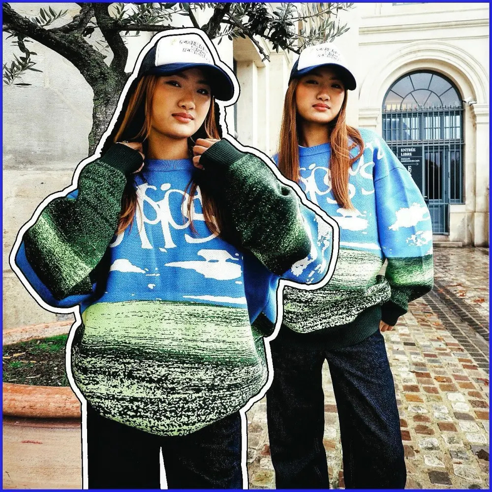 Blue Sweater Renaissance Street Wear Fashion Printing Seasonal Trend Special Design