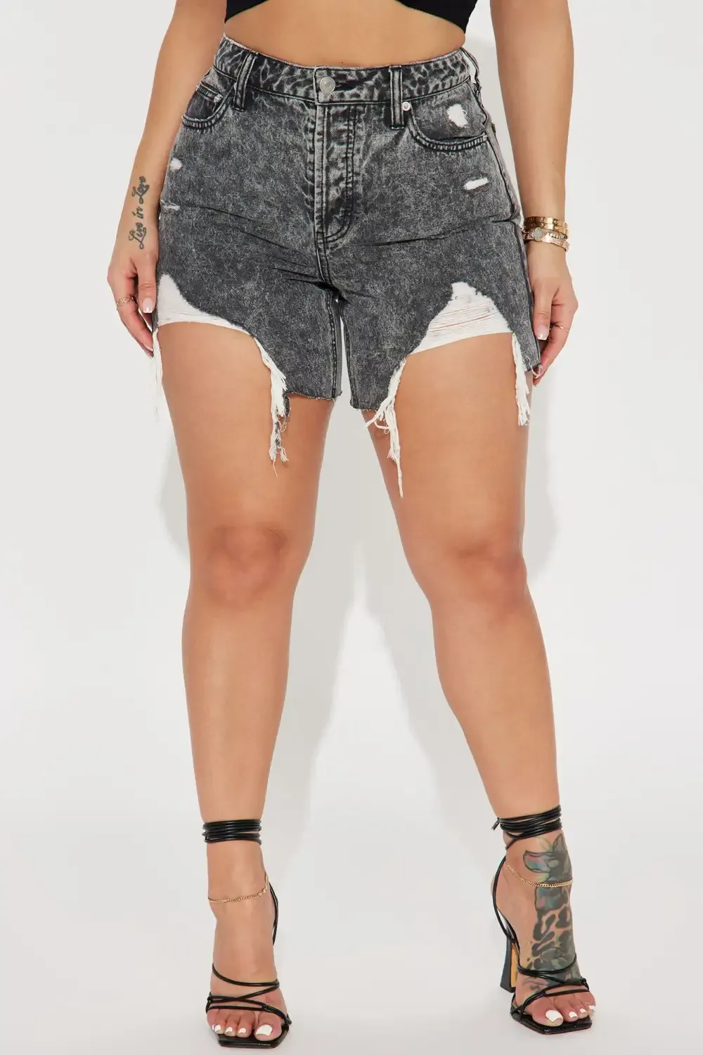 Out All Night Ripped Non Stretch Denim Shorts - Acid Wash Black