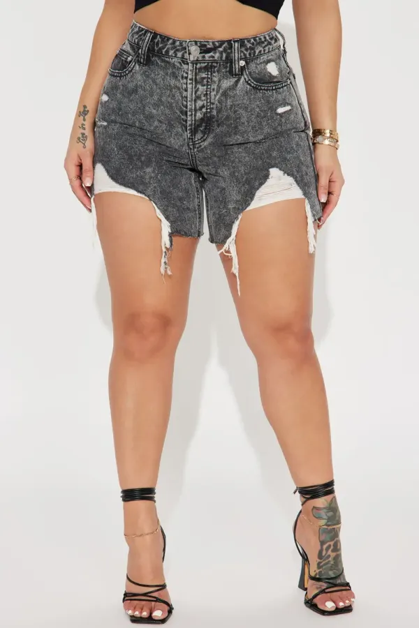 Out All Night Ripped Non Stretch Denim Shorts - Acid Wash Black