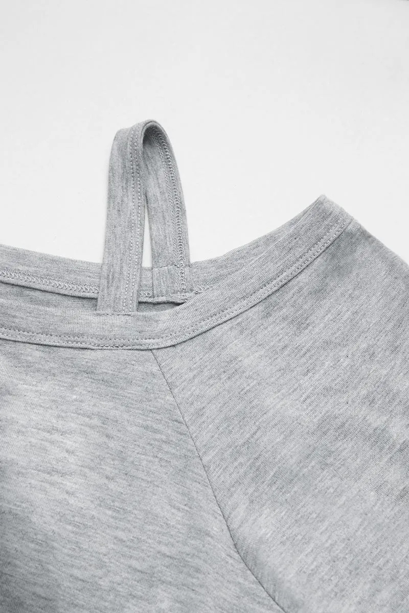 Solid Pleated Button Decor Asymmetrical Neck T-Shirt