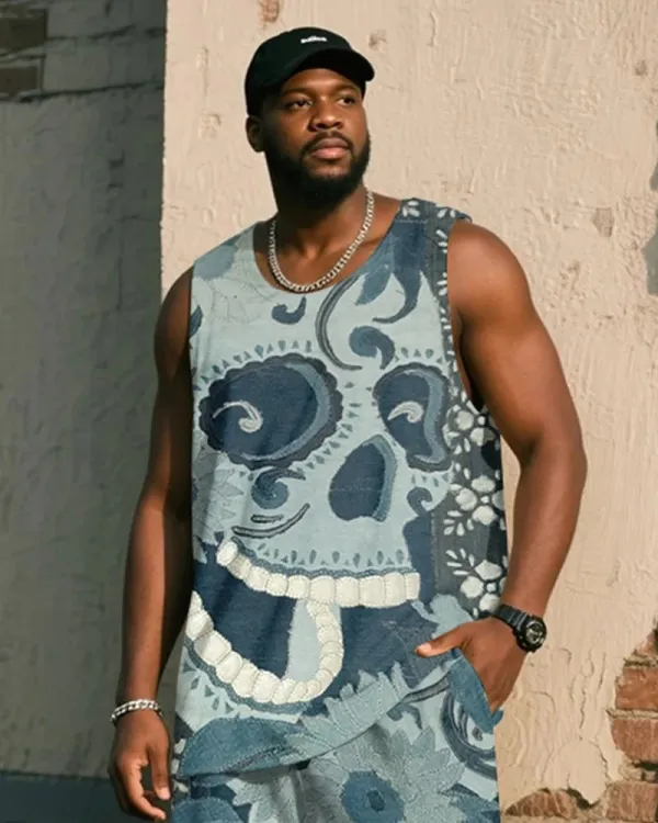Big & Tall Men's Skull Print Vest and Shorts Suit