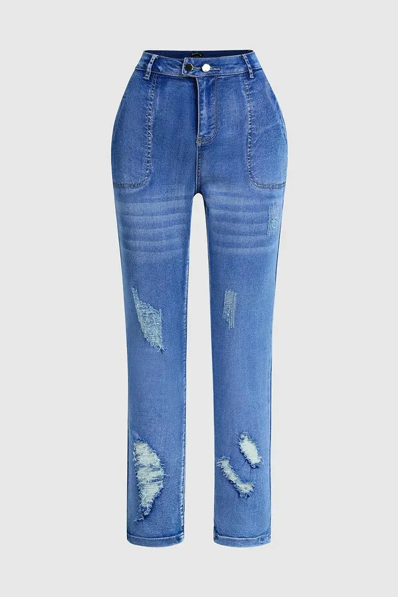 Ripped Double Button Wash Stretchy High Waist Skinny Jeans