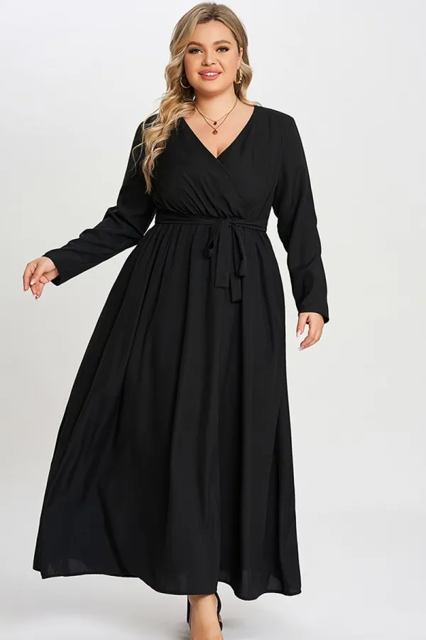 Solid Black Pocket Knotted Wrap Women Dress