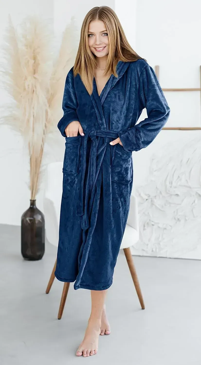 Women Fleece Shawl Collar Bathrobe - Plush Long Robe