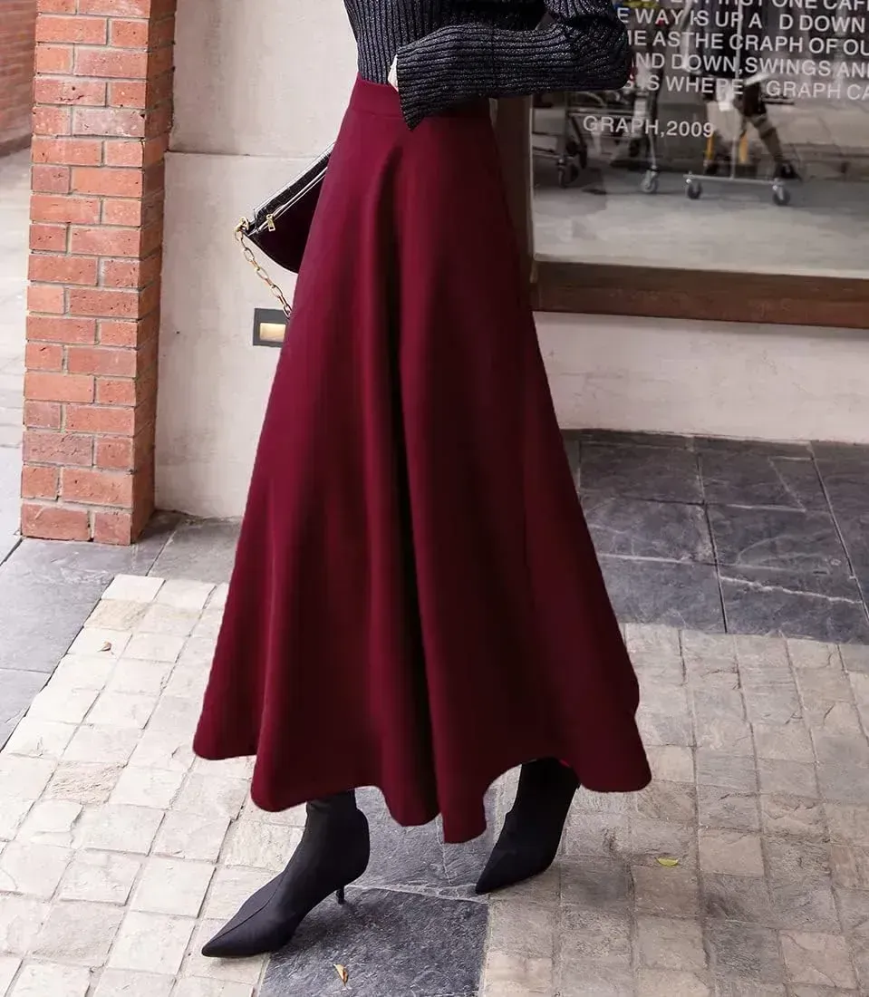 Women's Winter Elegant Warm Long Skirt Wool Maxi Skirts Elastic Waist A-Line High Waist Plaid Pleated Skirt S-3XL
