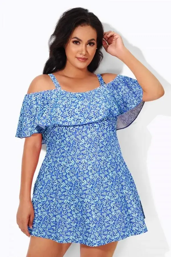 Floral Ruffle Cold Shoulder Women Swimdress