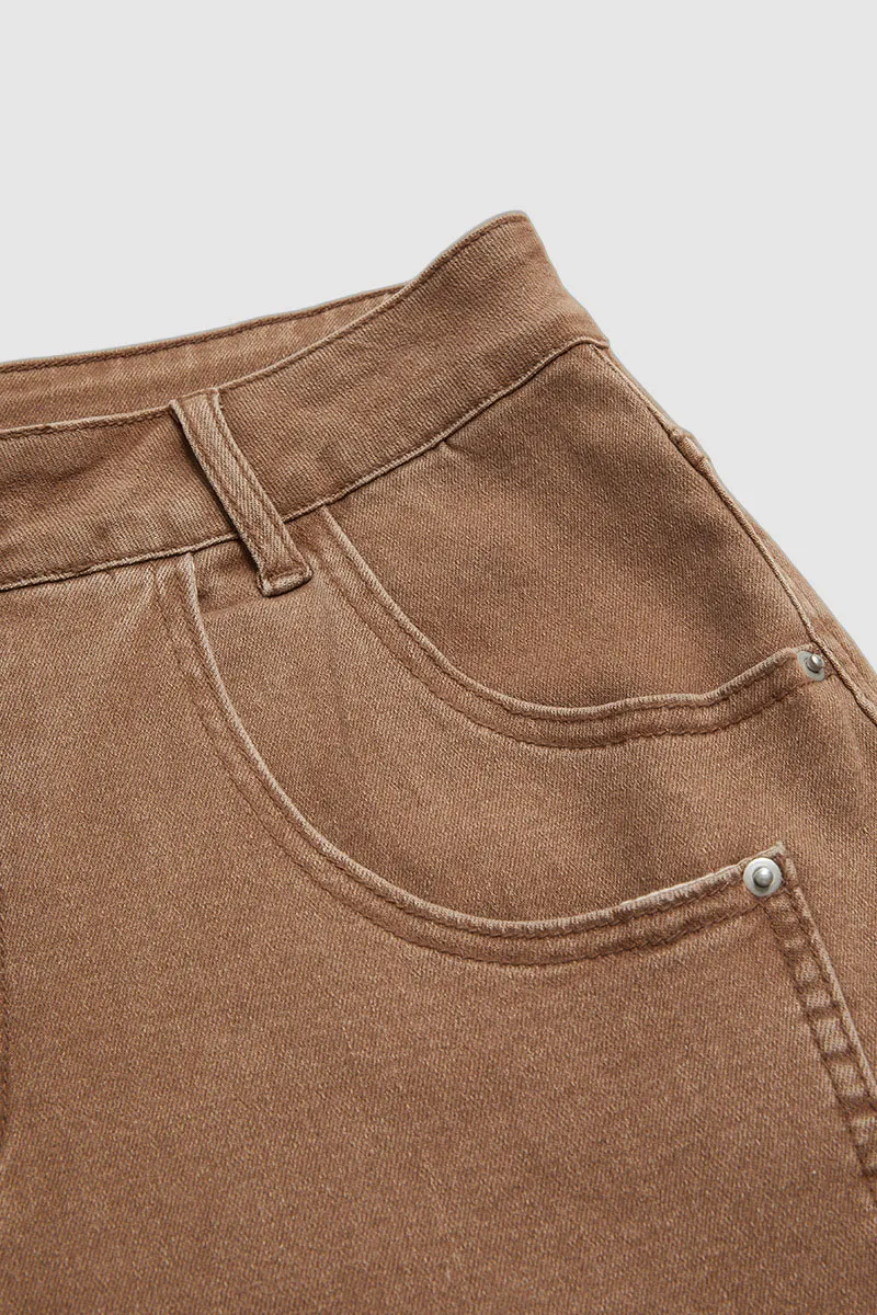 Seam Side Layered Pocket Roll Hem Mid Rise Wide Leg Pants