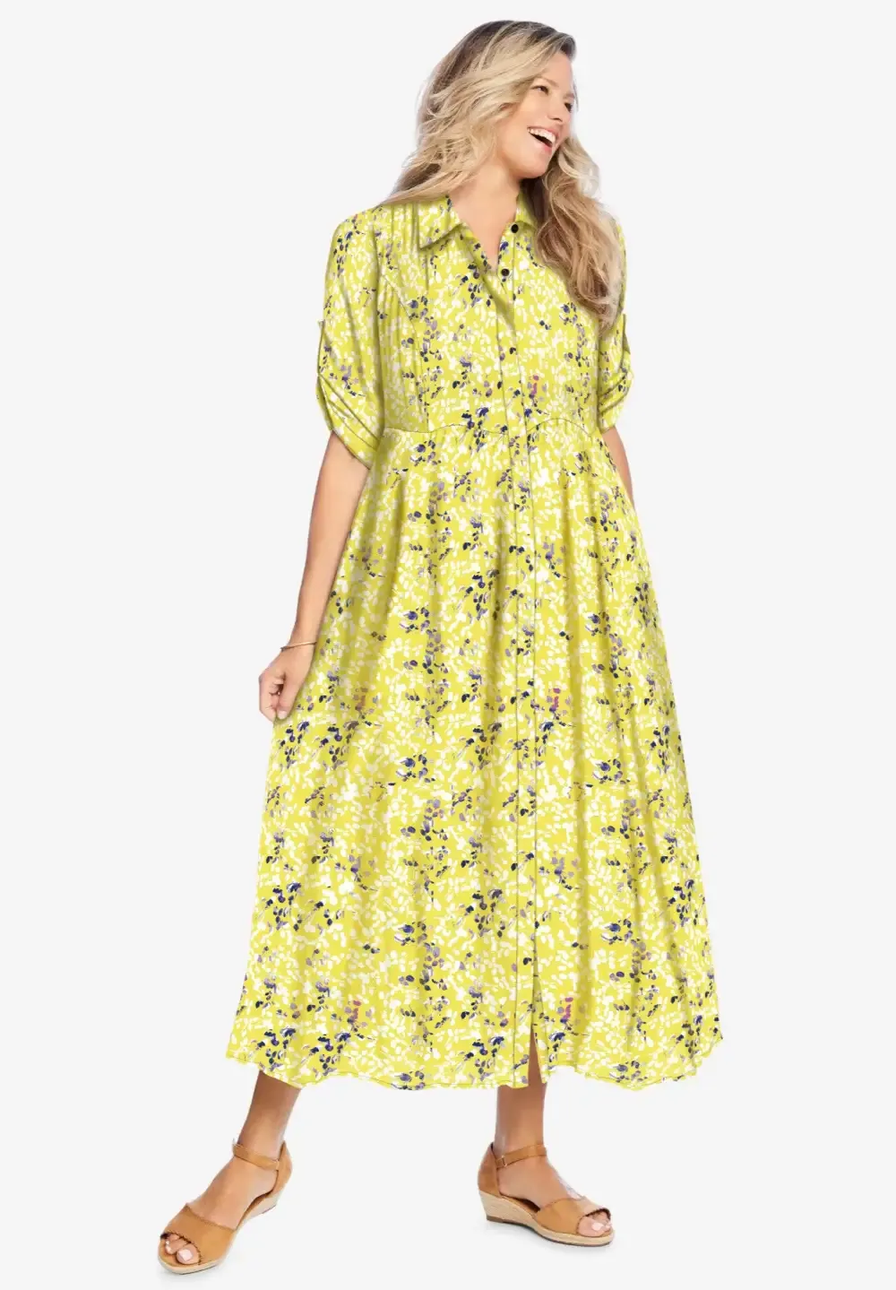 Roll-Tab Sleeve Crinkle Shirtdress