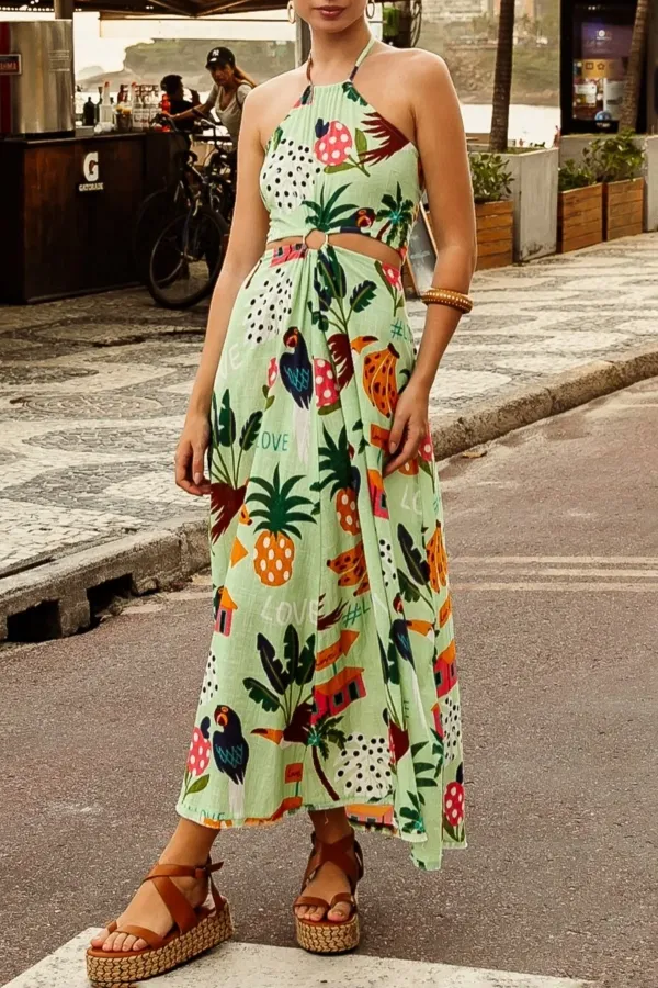 Green Tropical Print Belted Maxi Dress