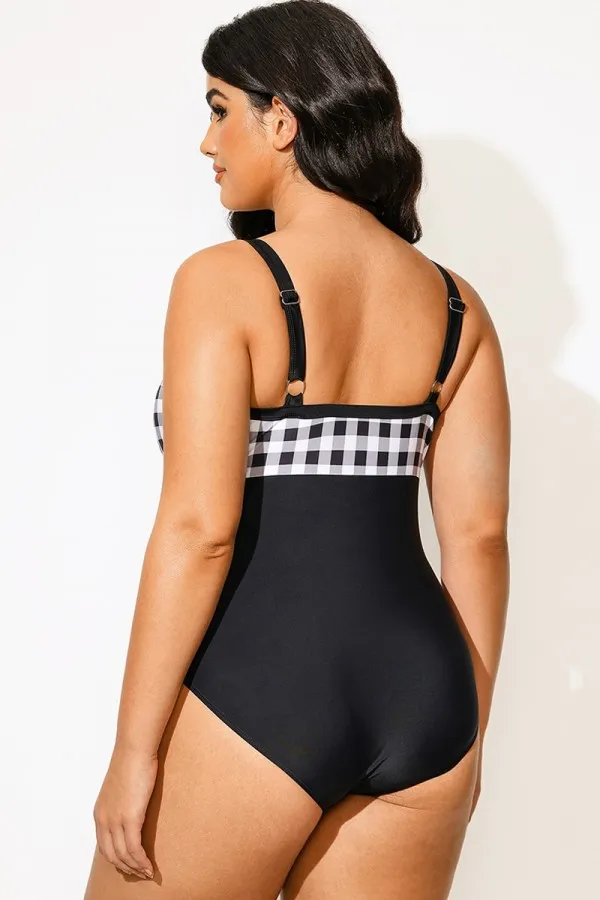 Lady Plaid Print Underwire One Piece Swimsuit