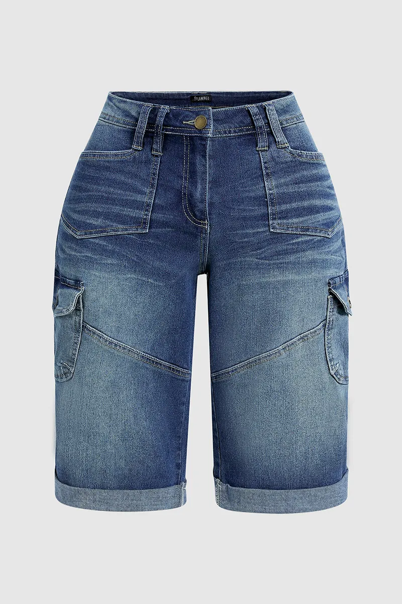 Flap Pocket Roll Hem Bermuda Denim Shorts Without Belt