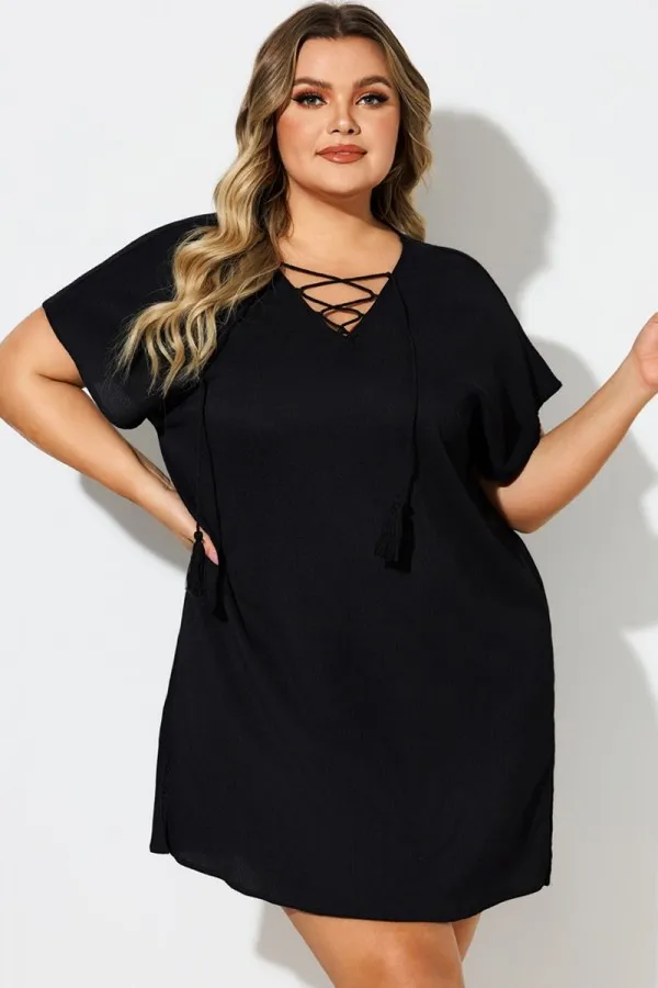 Black V-Neck Lace Up Cover Up Dress