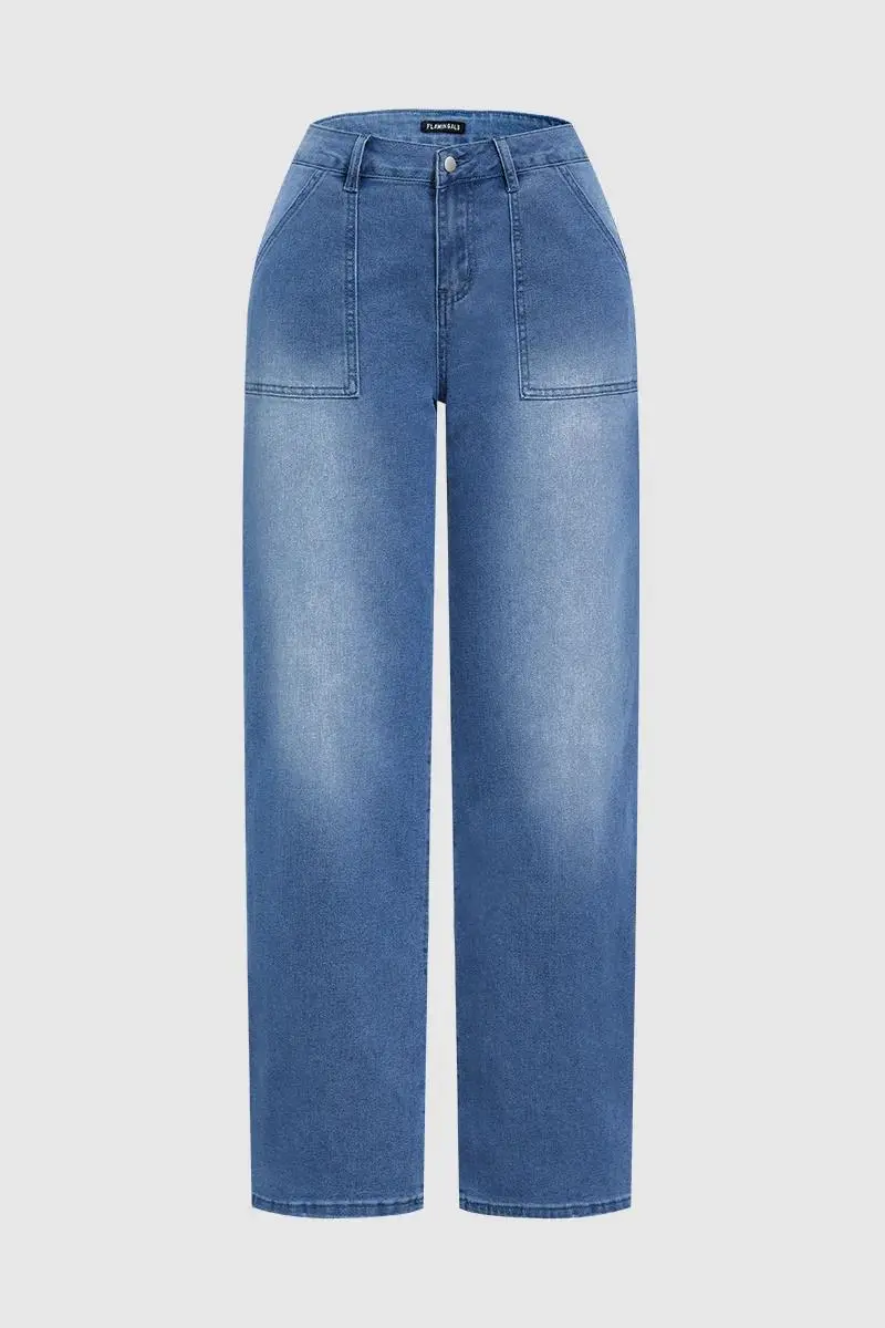 Wash Mid Rise Straight Leg Jeans Without Belt