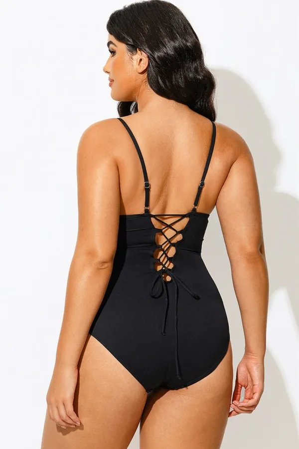 Black Strap Plungey Sculpting One Piece Swimsuit