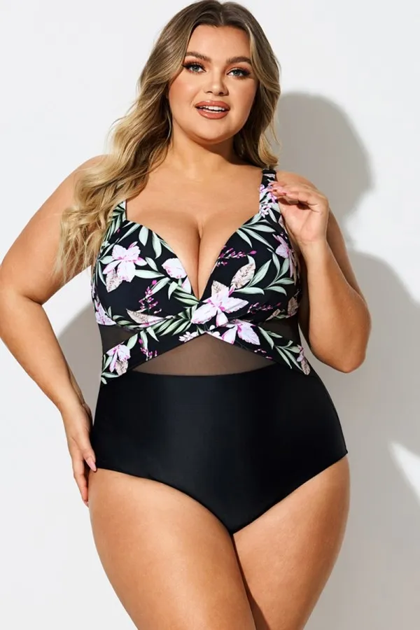 V-Neck Floral Print Wrap One Piece Swimsuit