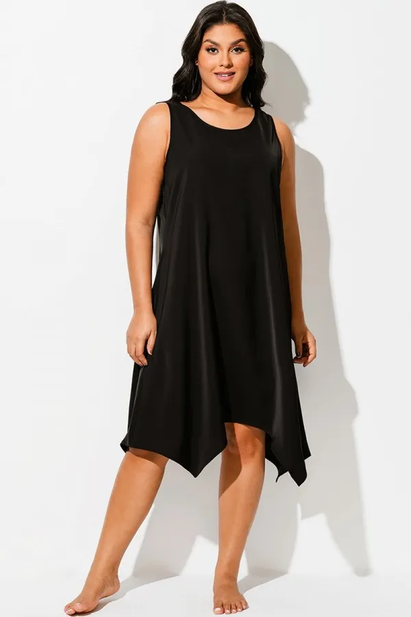 Solid Black Round Neck Sharktail Beach Cover Up