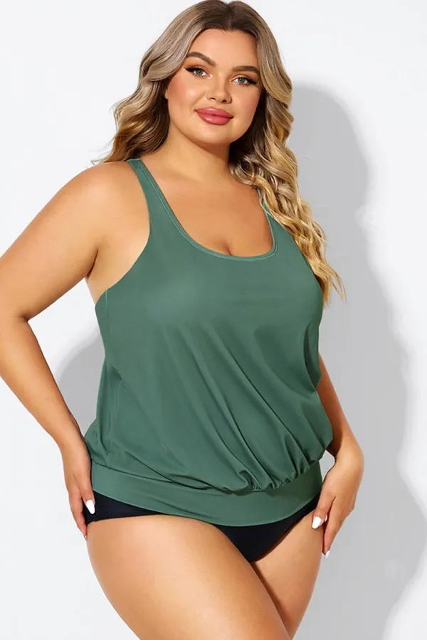 Army Green Racerback Tummy Control Blouson Tankini Top
