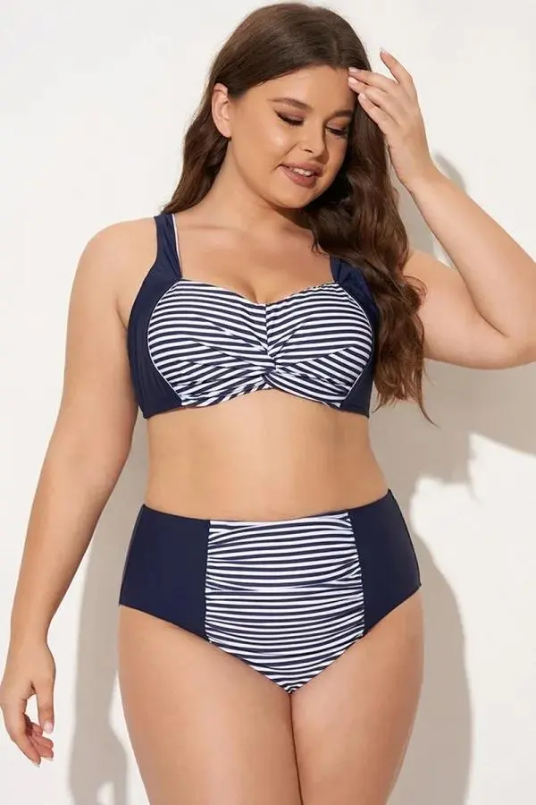 Navy Striped Twist-Front Bikini Top