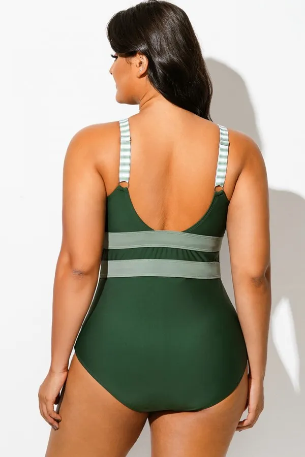 Green Striped Cut Out One Piece Swimsuit