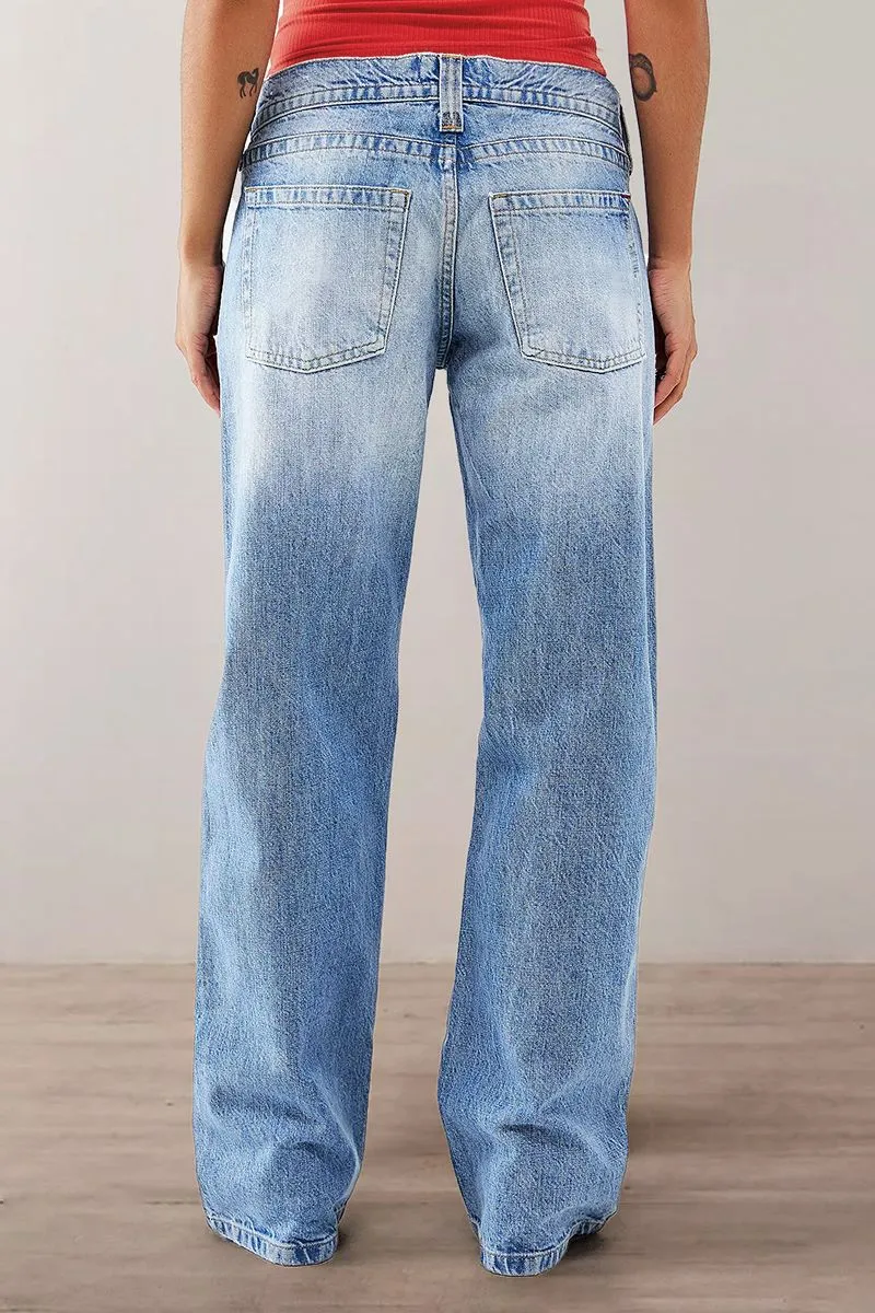 Wash Stitch Detail Stretchy Low Waist Straight Leg Jeans