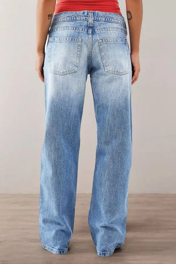 Wash Stitch Detail Stretchy Low Waist Straight Leg Jeans
