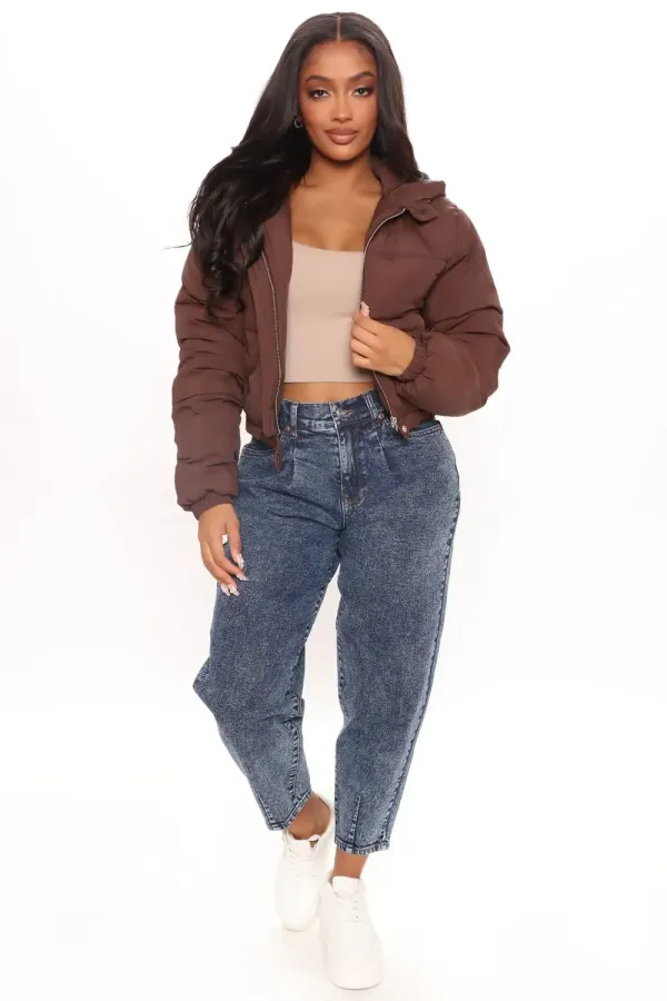 Nights In The City Cropped Puffer Jacket - Chocolate