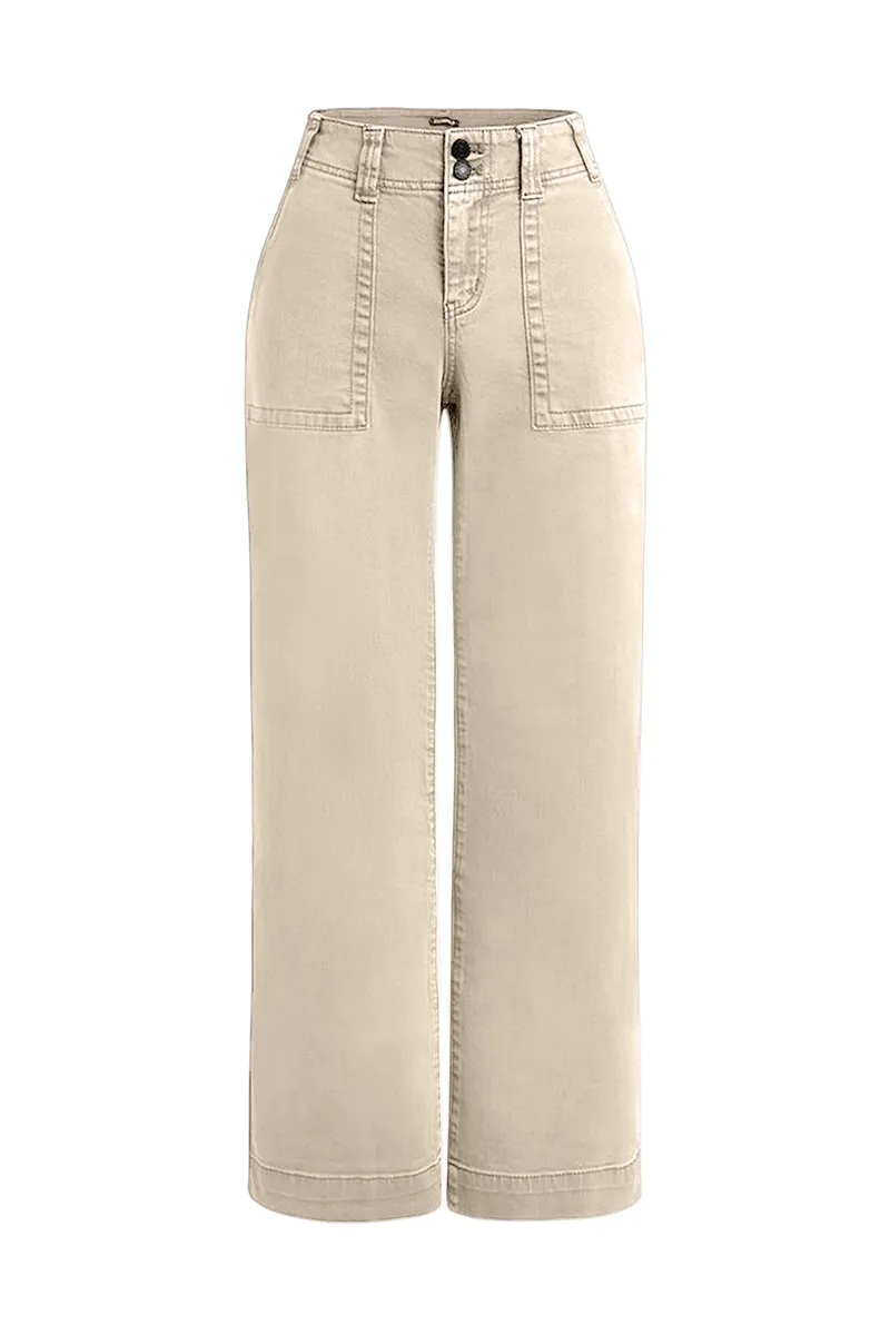 Double Button Mid Waist Straight Leg Pants