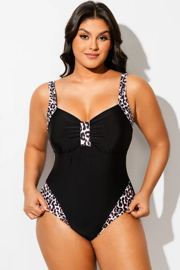 Black Leopard Print V-Neck One Piece Swimsuit