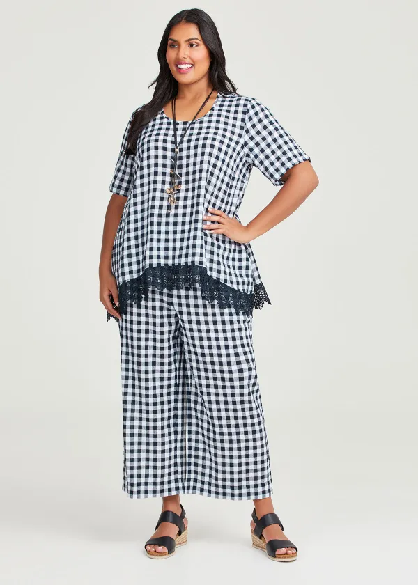 Linen Blend Check Lace Top