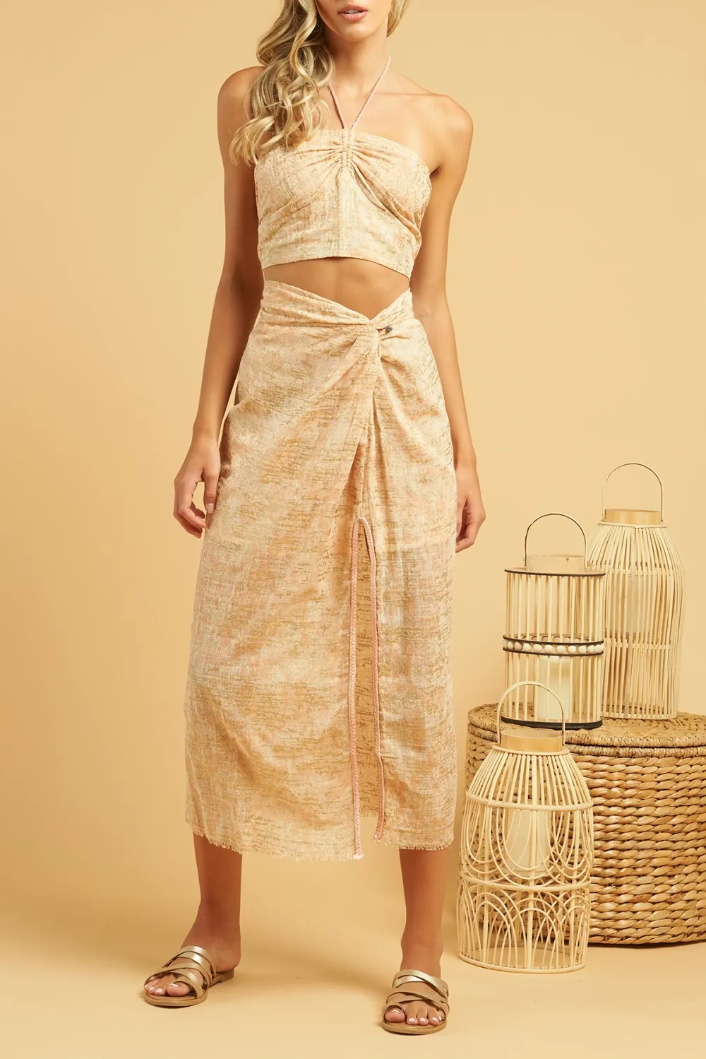 Yellow Textured High Slit Maxi Skirt