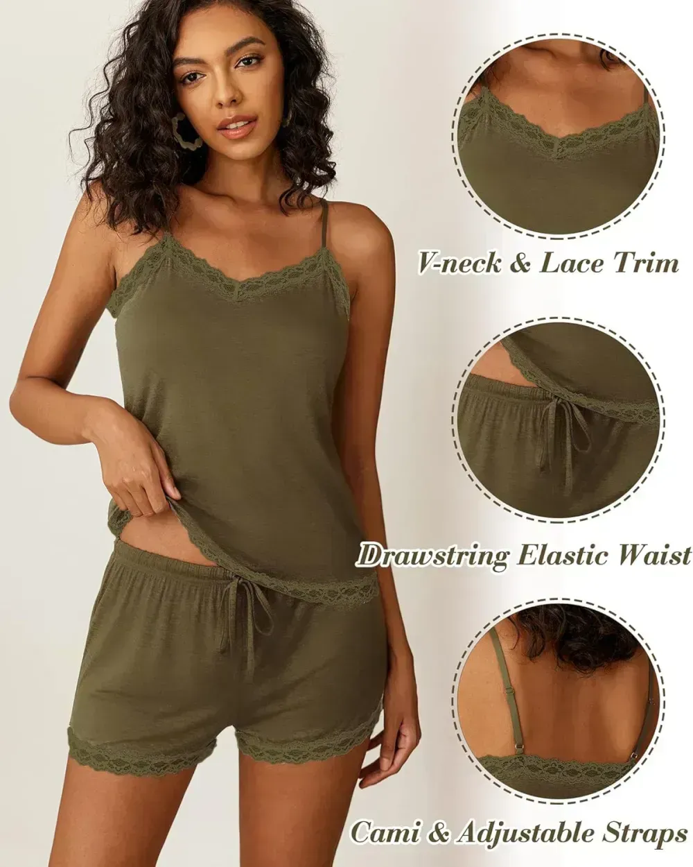 Women Cami Pajama Set Modal Sleepwear Lace Trim Short PJ Set with Shorts
